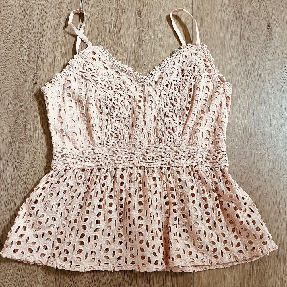 Japna Baby Doll Cami SZ S eyelet smocked womens blouse Boho Fairy Romantic Peach